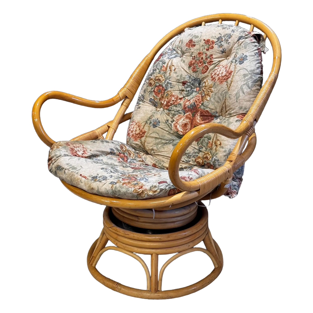 Retro rattan and bamboo swiwel armchair with floral cushion