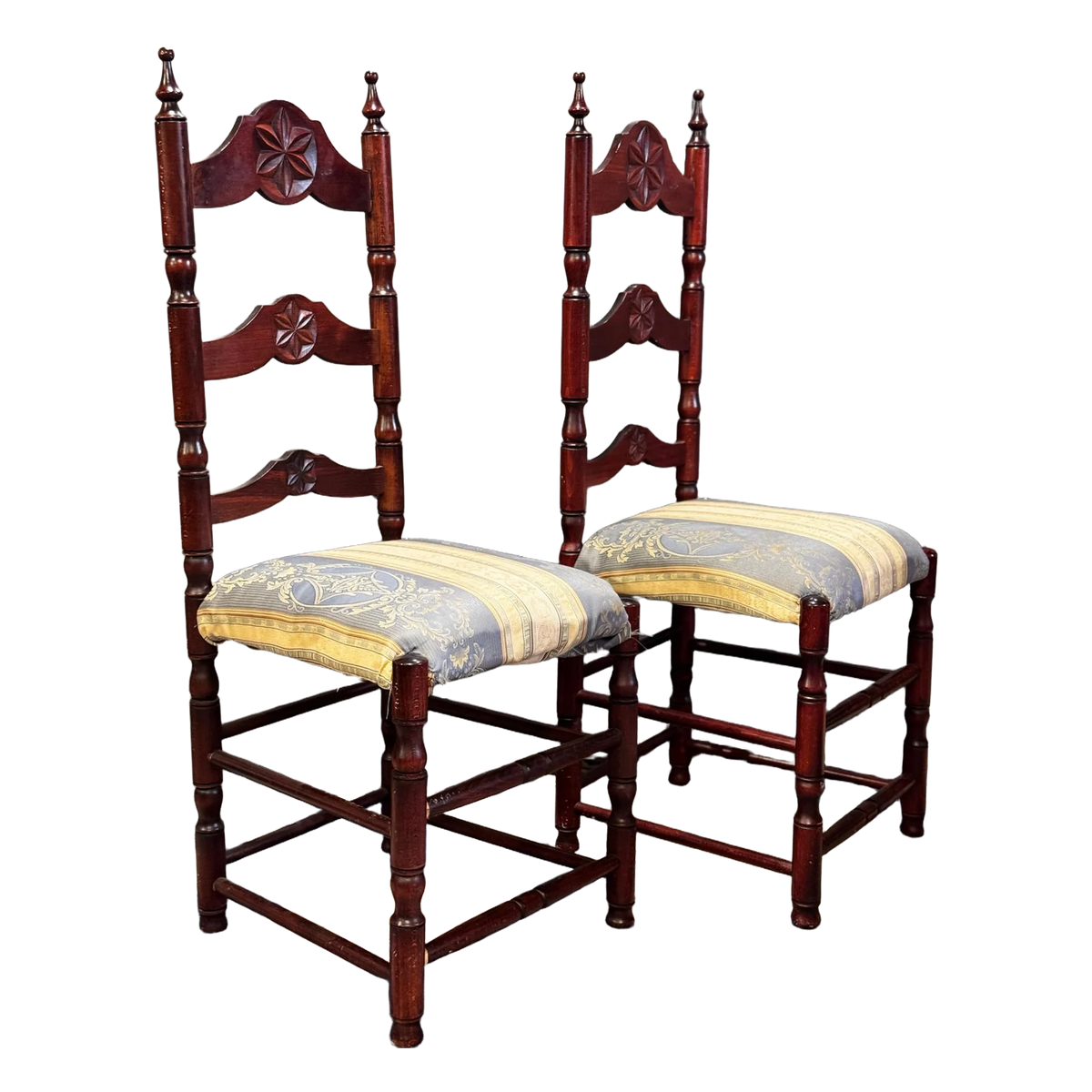 Set of two Neo-Gothic style reddish brown wooden dining chairs