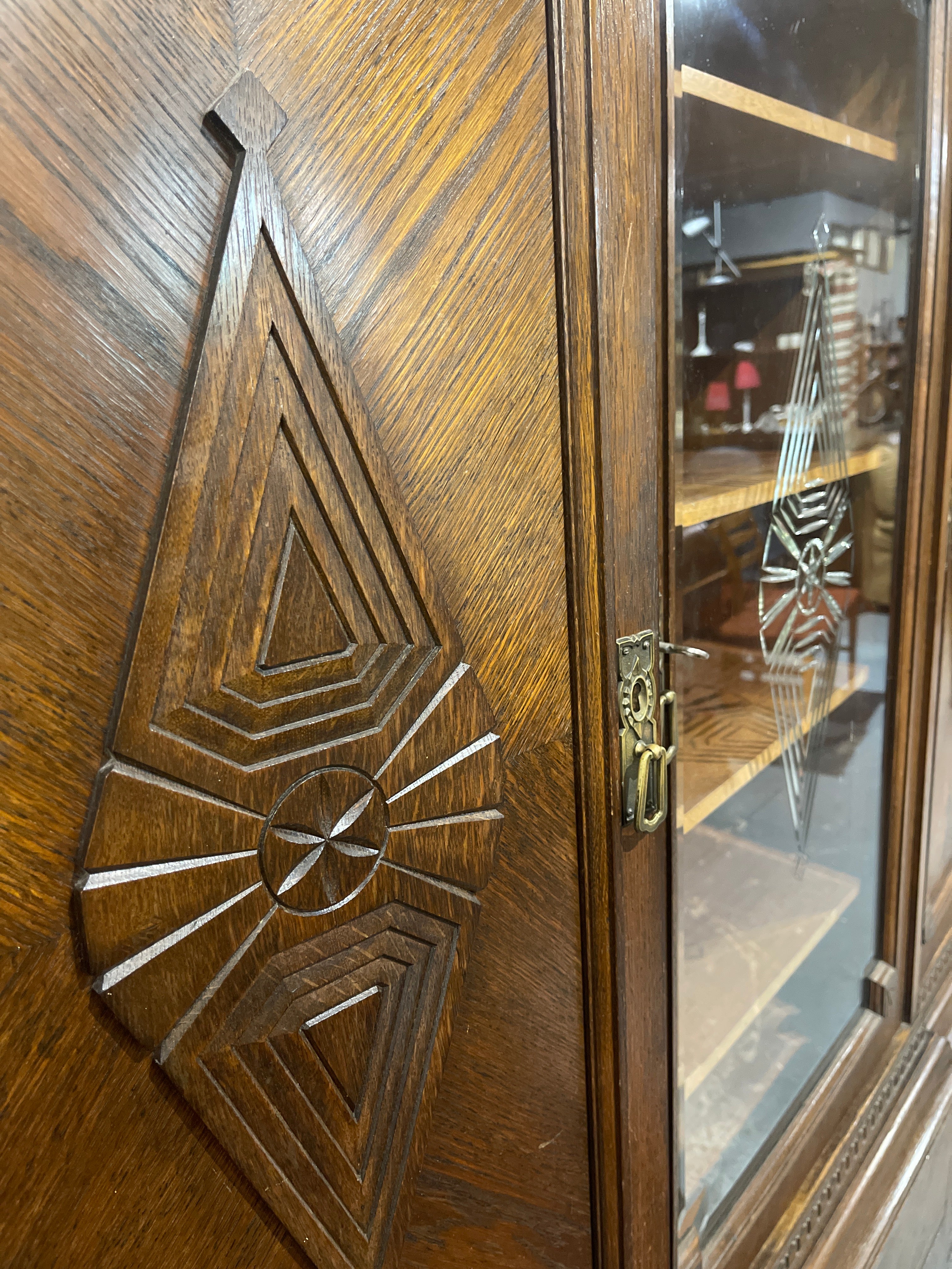 Vintage Art Deco Dark Oak Display Cabinet | Large Carved Armoire Hutch & Glass China Cabinet