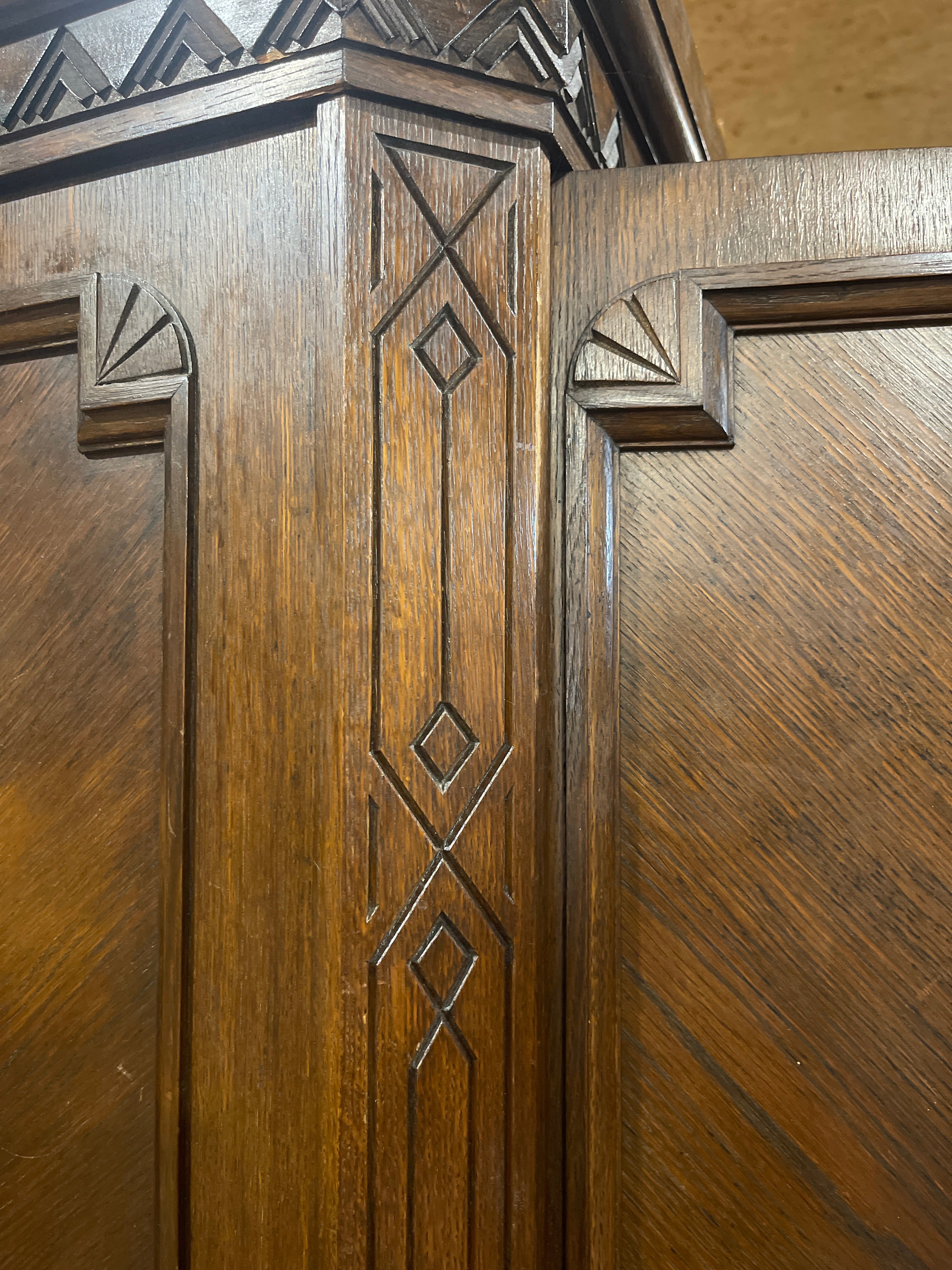 Vintage Art Deco Dark Oak Display Cabinet | Large Carved Armoire Hutch & Glass China Cabinet