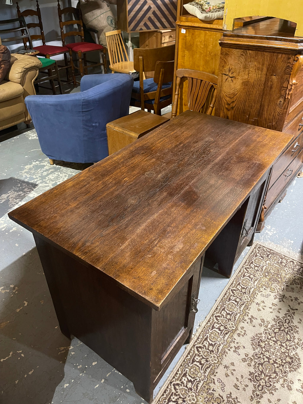 Antique Arts & Crafts Oak Desk | Early 20th Century Partner Desk & Double Pedestal Writing Table