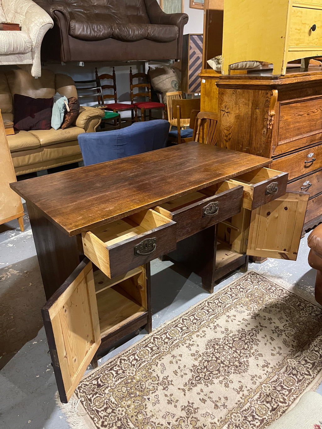 Antique Arts & Crafts Oak Desk | Early 20th Century Partner Desk & Double Pedestal Writing Table