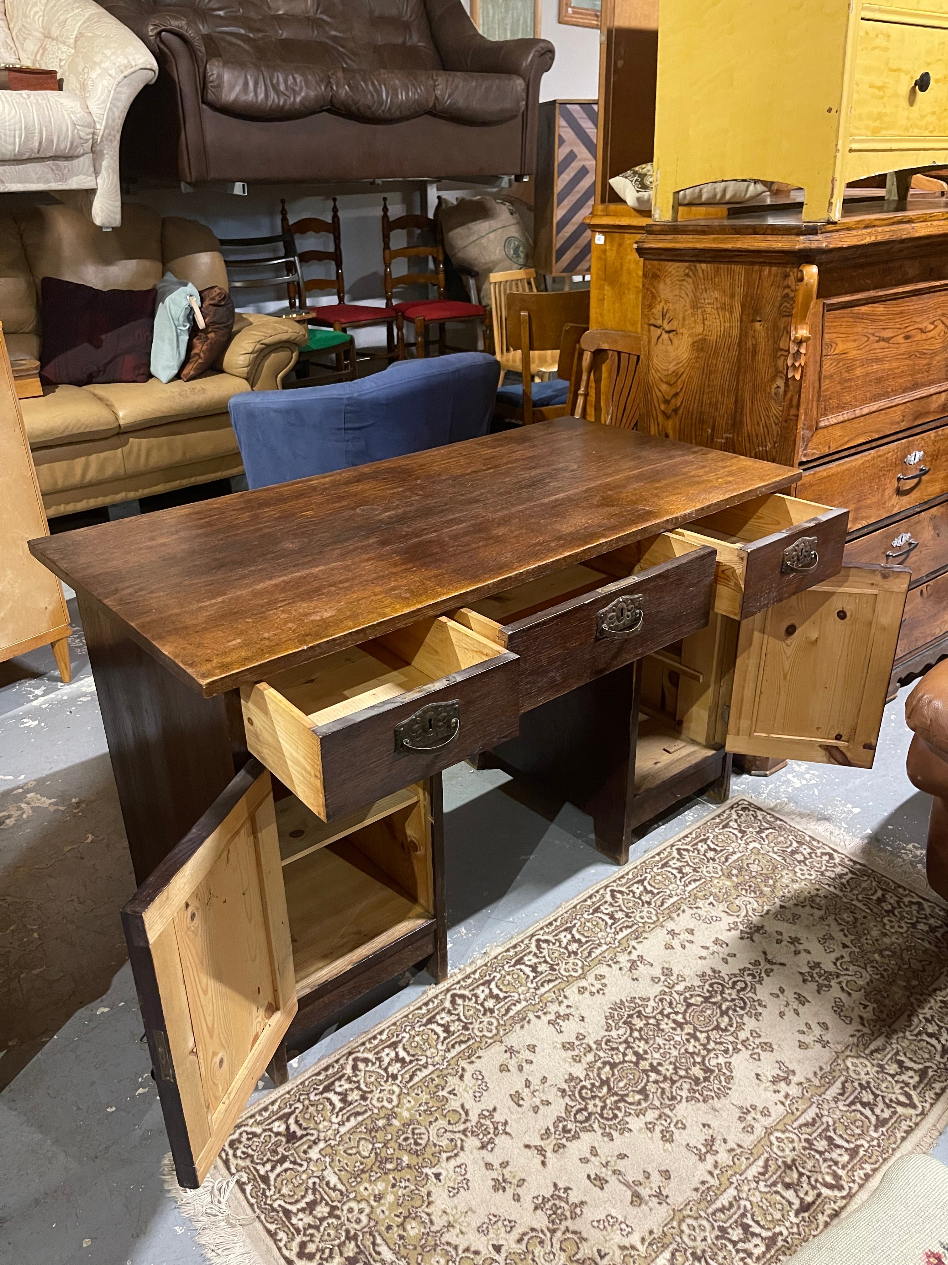 Antique Arts & Crafts Oak Desk | Early 20th Century Partner Desk & Double Pedestal Writing Table