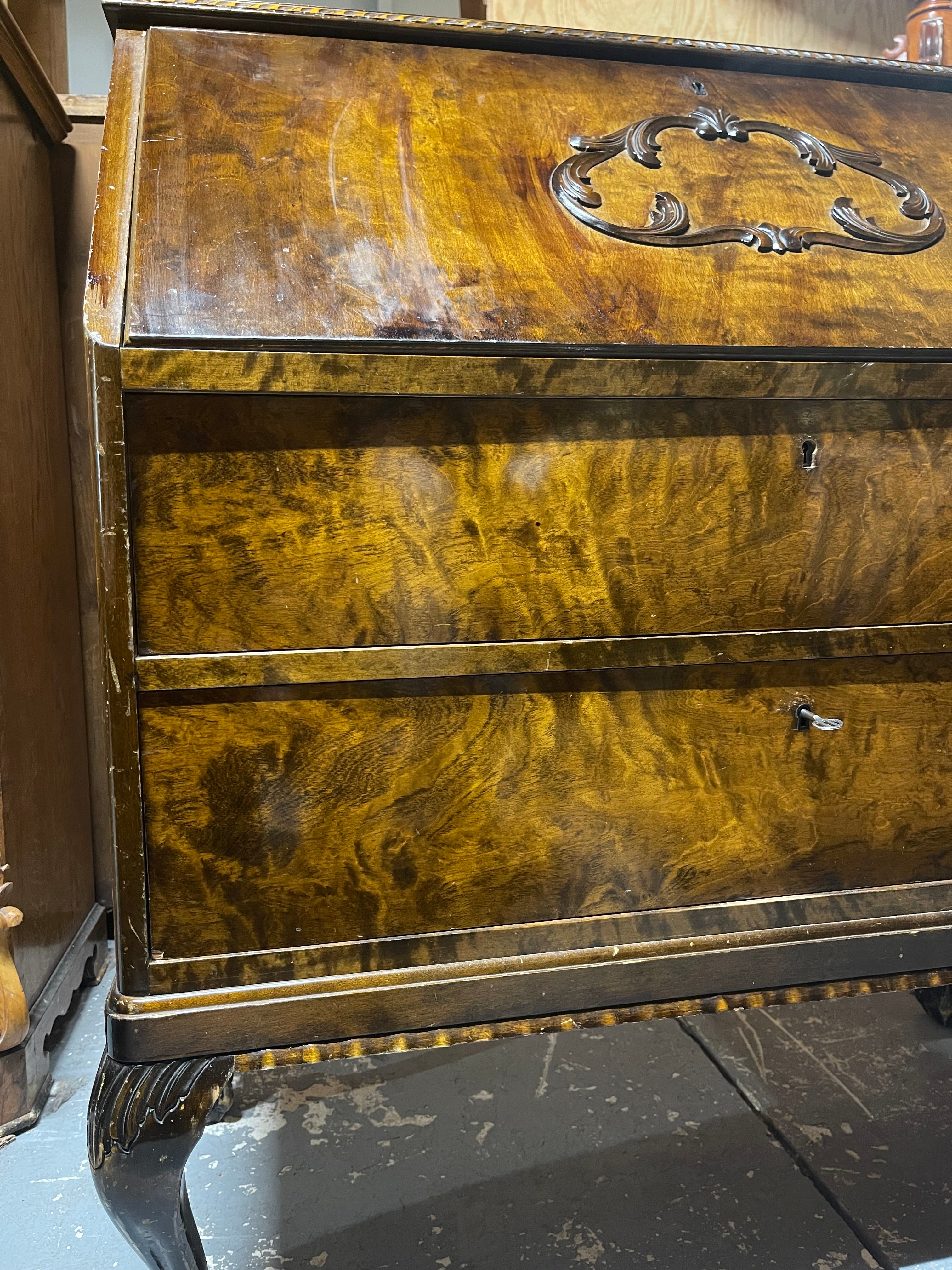 Vintage Burl Walnut Slant-Front Bureau Desk | Rococo Ball & Claw Foot Writing Secretary