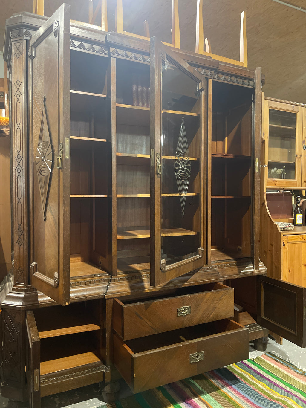 Vintage Art Deco Dark Oak Display Cabinet | Large Carved Armoire Hutch & Glass China Cabinet