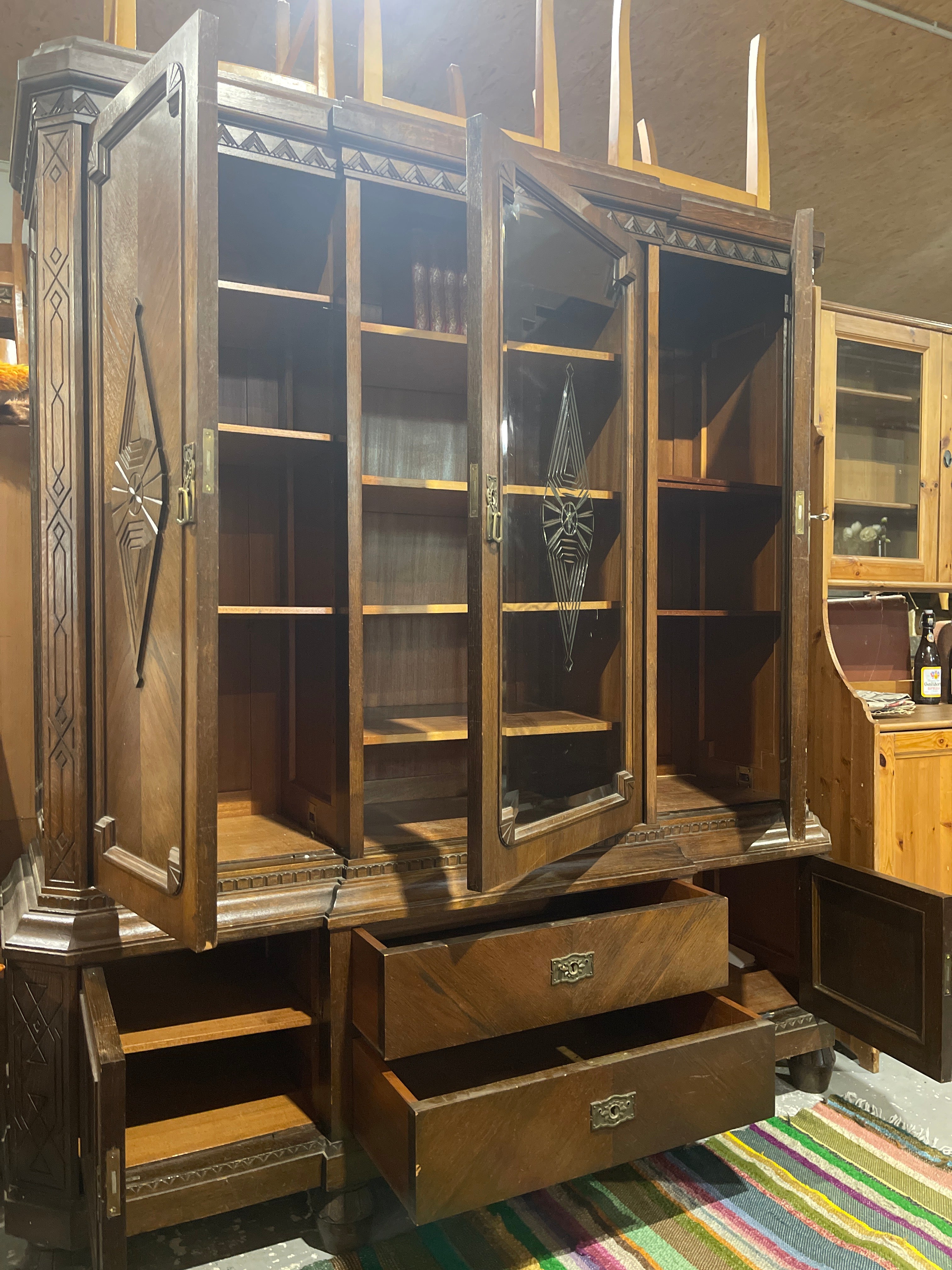 Vintage Art Deco Dark Oak Display Cabinet | Large Carved Armoire Hutch & Glass China Cabinet