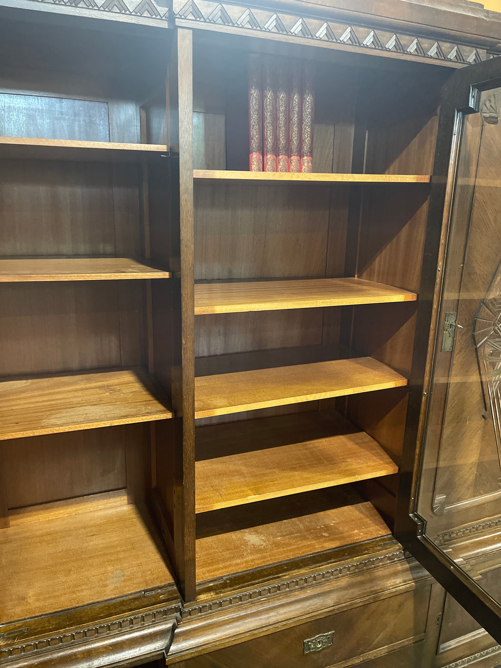 Vintage Art Deco Dark Oak Display Cabinet | Large Carved Armoire Hutch & Glass China Cabinet