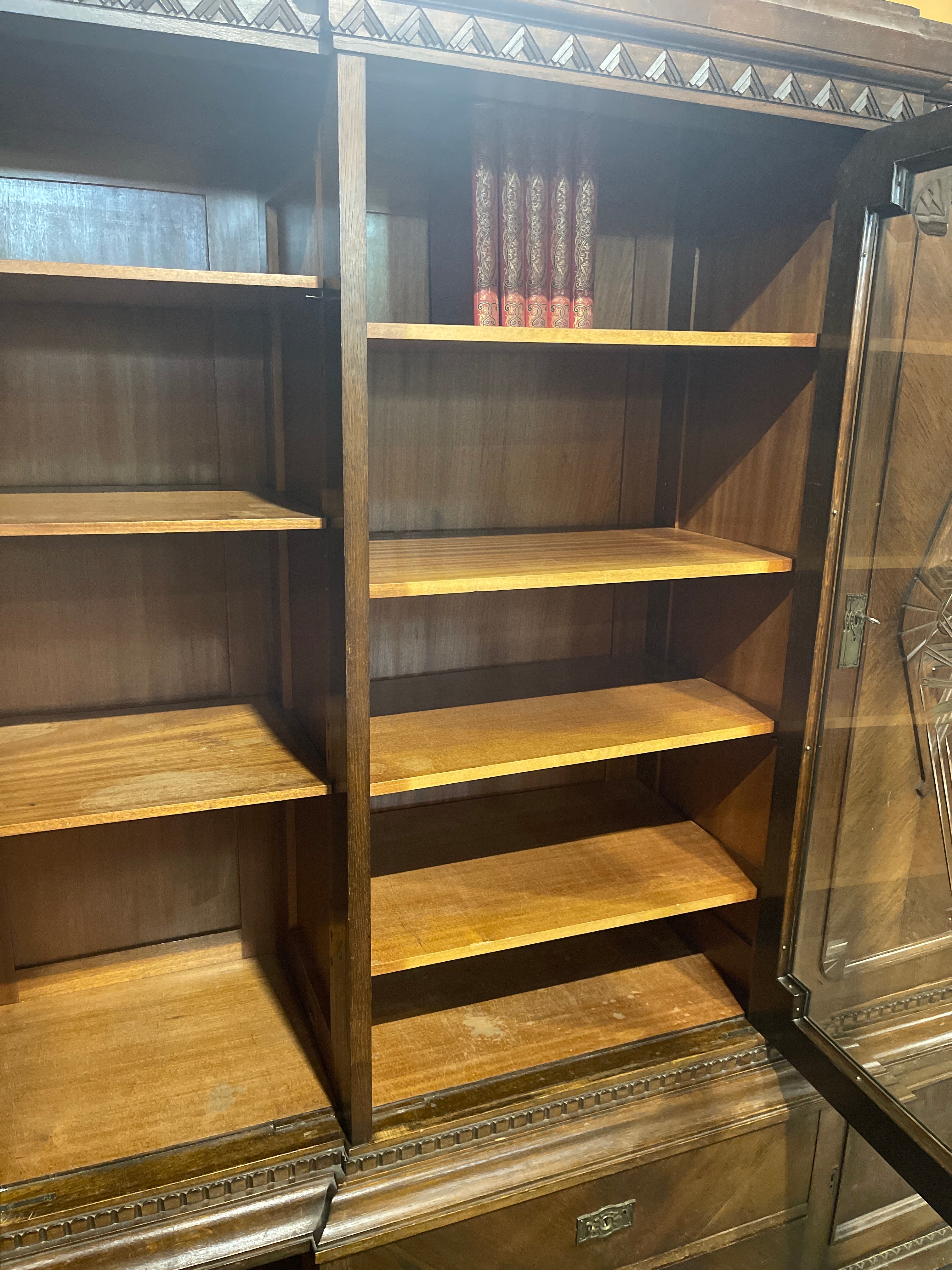 Vintage Art Deco Dark Oak Display Cabinet | Large Carved Armoire Hutch & Glass China Cabinet