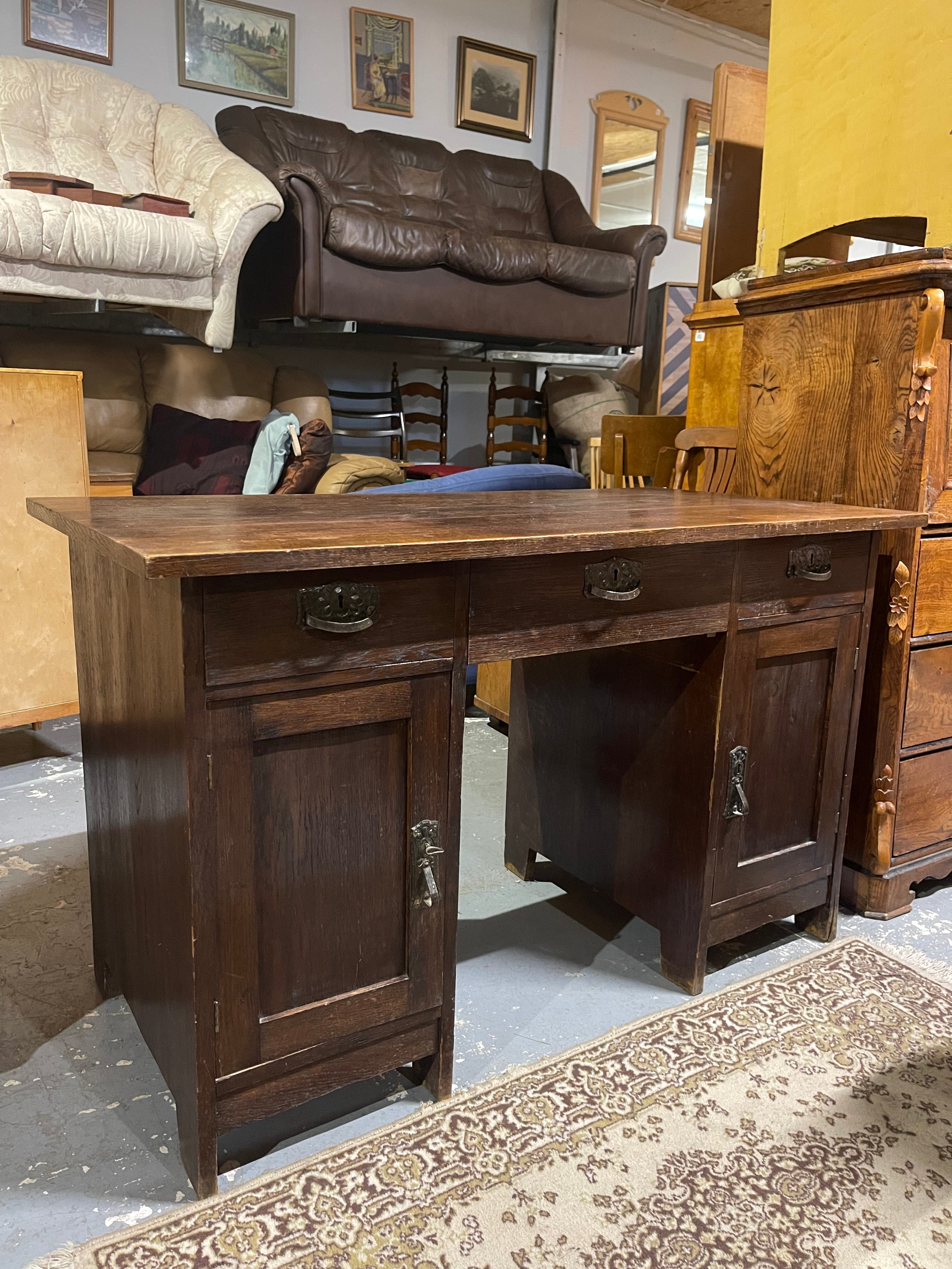 Antique Arts & Crafts Oak Desk | Early 20th Century Partner Desk & Double Pedestal Writing Table