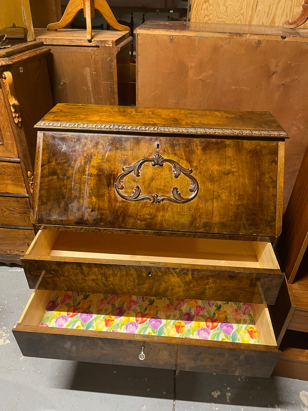 Vintage Burl Walnut Slant-Front Bureau Desk | Rococo Ball & Claw Foot Writing Secretary
