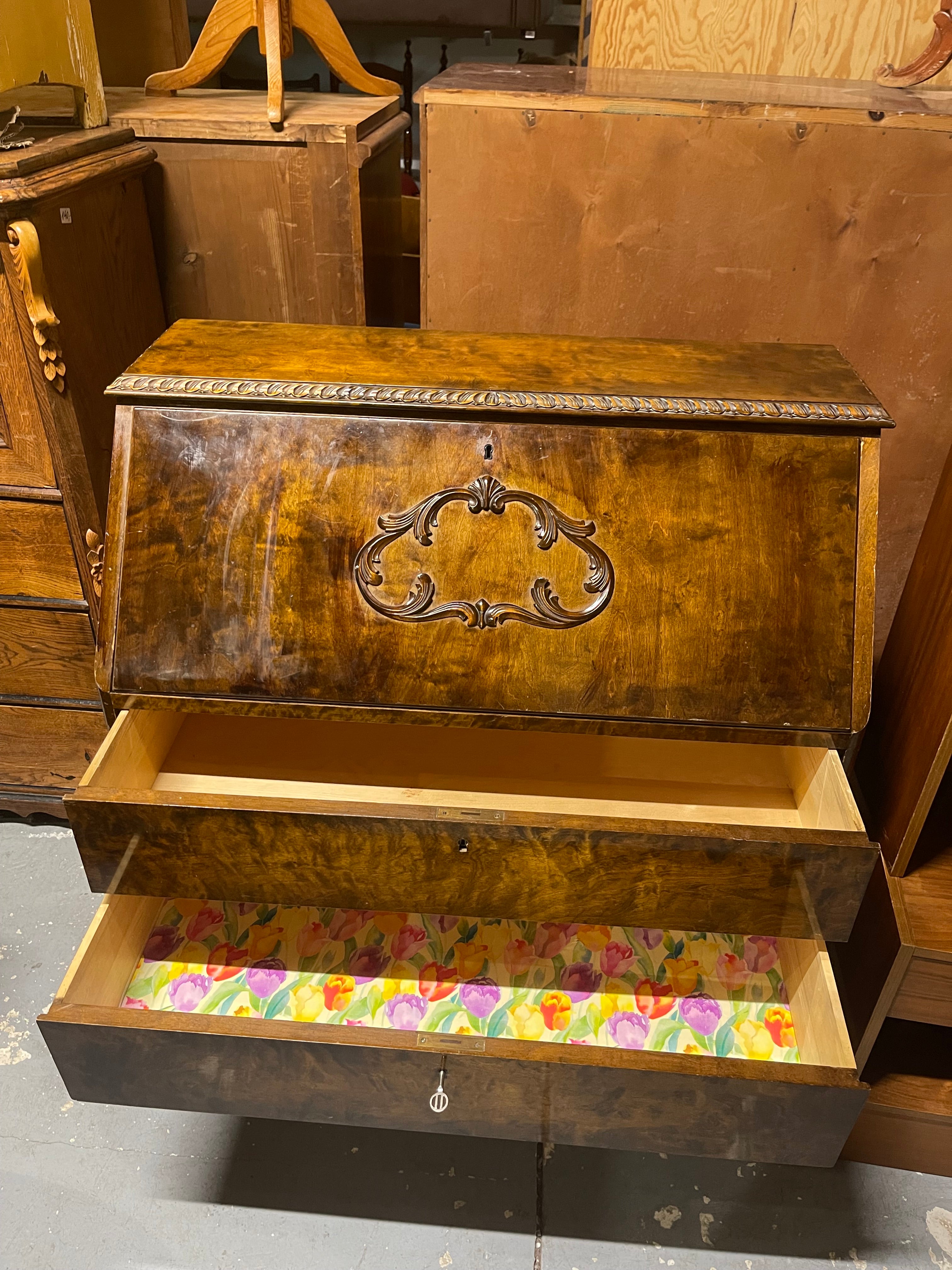 Vintage Burl Walnut Slant-Front Bureau Desk | Rococo Ball & Claw Foot Writing Secretary