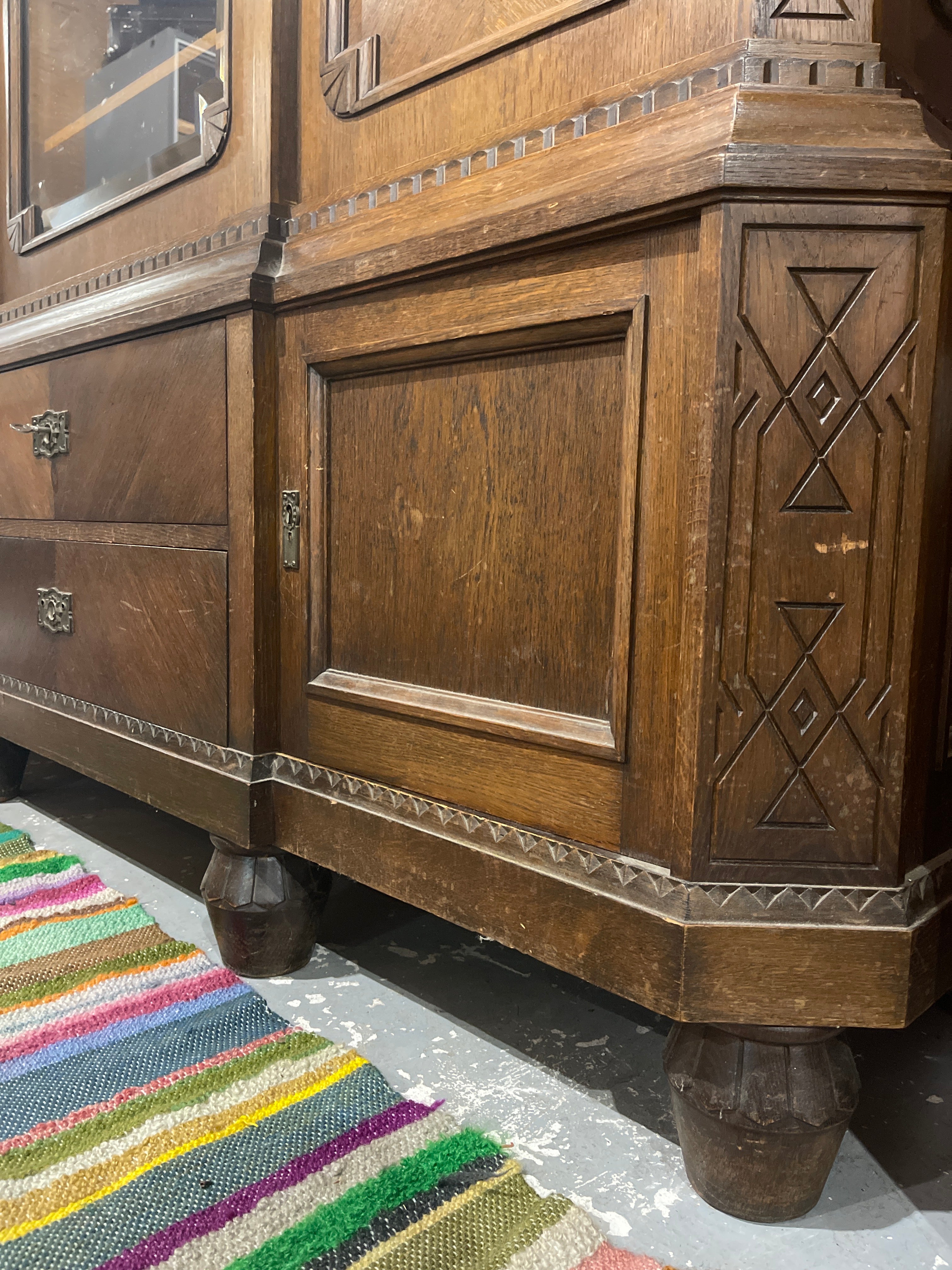 Vintage Art Deco Dark Oak Display Cabinet | Large Carved Armoire Hutch & Glass China Cabinet
