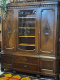 Vintage Art Deco Dark Oak Display Cabinet | Large Carved Armoire Hutch & Glass China Cabinet