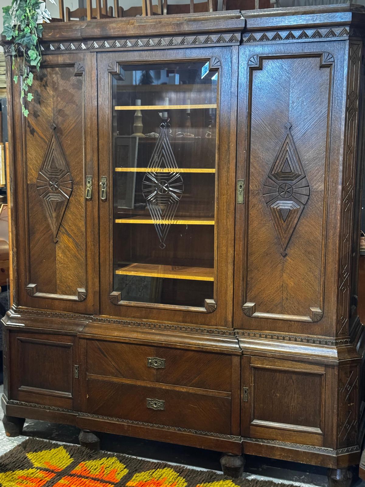 Vintage Art Deco Dark Oak Display Cabinet | Large Carved Armoire Hutch & Glass China Cabinet
