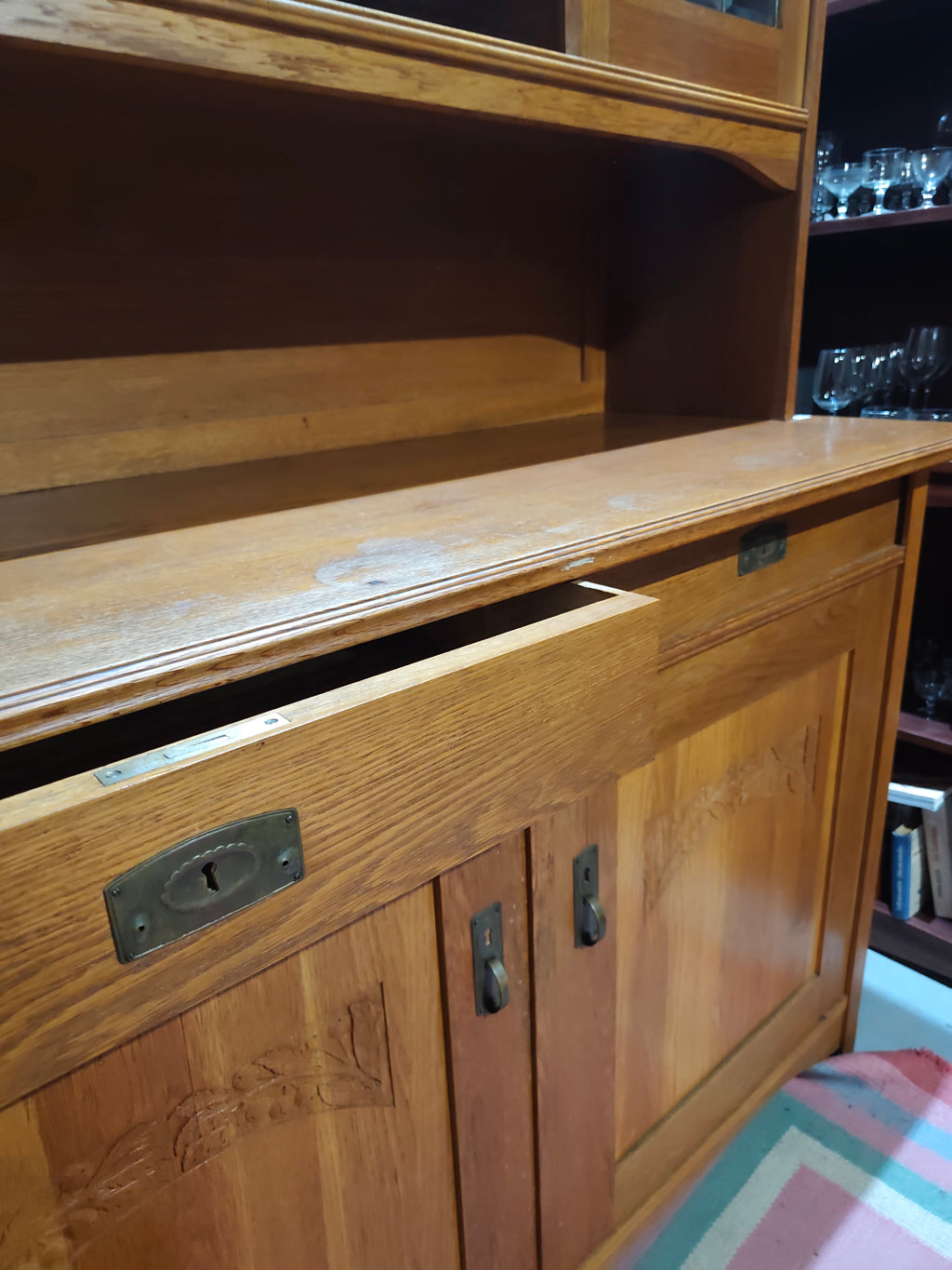 Solid wood buffet with carvings and faceted glass display cabinets