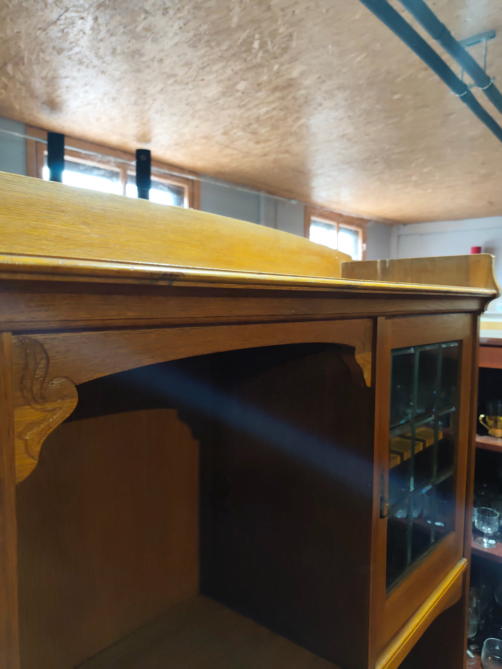 Solid wood buffet with carvings and faceted glass display cabinets