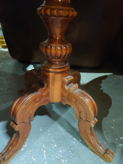 Burl veneer accent table with pedestal base