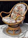 Retro rattan and bamboo swiwel armchair with floral cushion